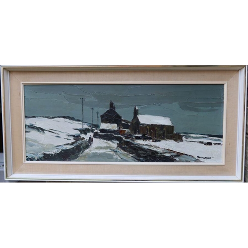 149 - Donald McIntyre, oil on board, Road in the Snow, 15.5ins x 39ins