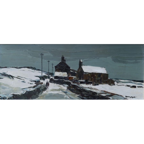 149 - Donald McIntyre, oil on board, Road in the Snow, 15.5ins x 39ins