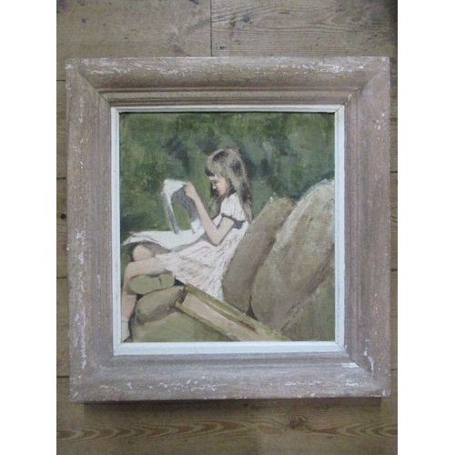 150 - Maurice Feild, oil on canvas, girl seated on rocks reading, 14.5ins x 13ins - Maurice Feild was an a... 