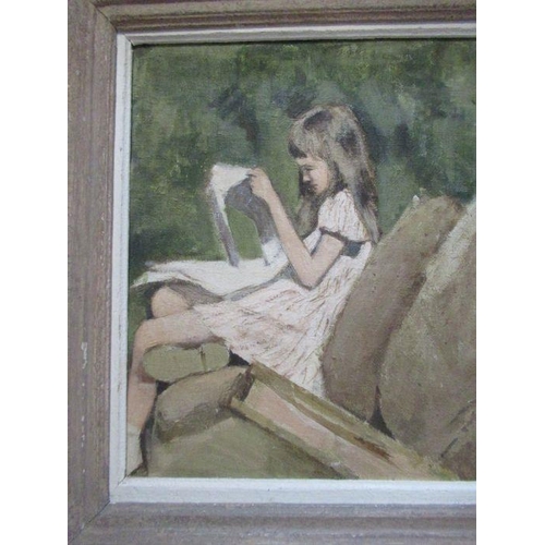 150 - Maurice Feild, oil on canvas, girl seated on rocks reading, 14.5ins x 13ins - Maurice Feild was an a... 