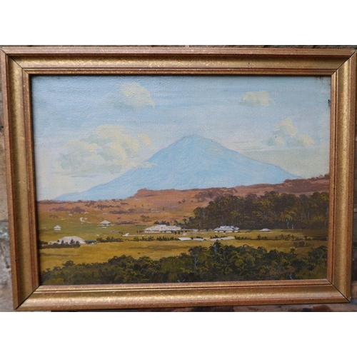 152 - A 20th century oil on canvas, Volcano Sinialoer from Barsiagi, 14ins x 19ins, together with Nat, oil... 