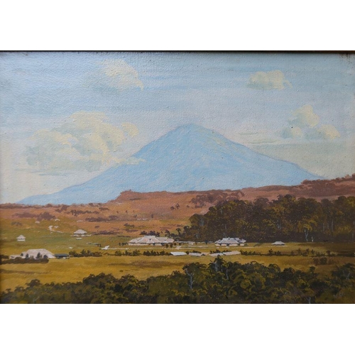 152 - A 20th century oil on canvas, Volcano Sinialoer from Barsiagi, 14ins x 19ins, together with Nat, oil... 