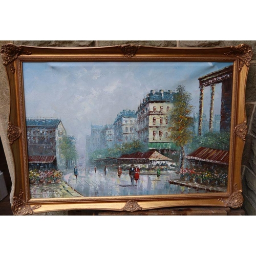 153 - T Casson, oil on canvas, market square, 19.5ins x 29.5ins