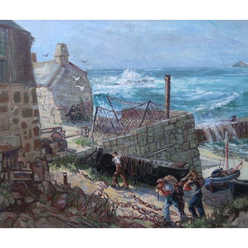 154 - Isabel Wrightson, oil on canvas, a Cornish coastal town with fishermen carrying lobster pots, 25ins ... 