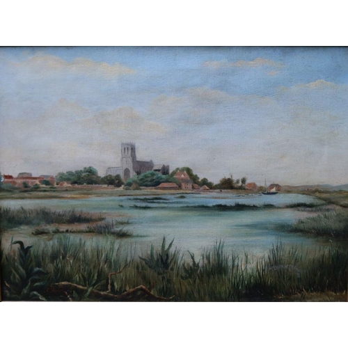 155 - E Parton, oil on canvas, view across water to a cathedral, 14ins x 19.5ins