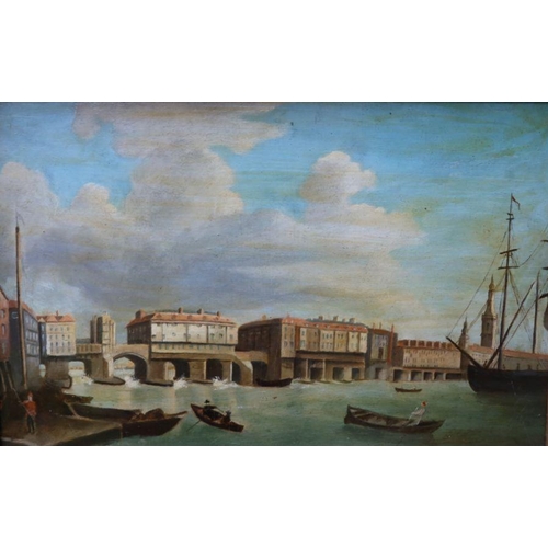 156 - A 19th century oil on board, view of boats on water and buildings, 11.5ins x 17.5ins