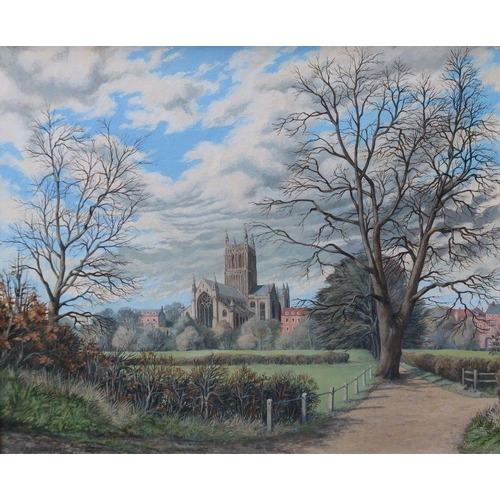 157 - F C Crompton, acrylic, Worcester Cathedral, Winter Afternoon, 15.5ins x 19.5ins