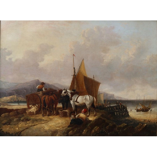 163 - William Shayer,  oil on canvas, unloading cargo from a boat on a beach, 27ins x 35ins