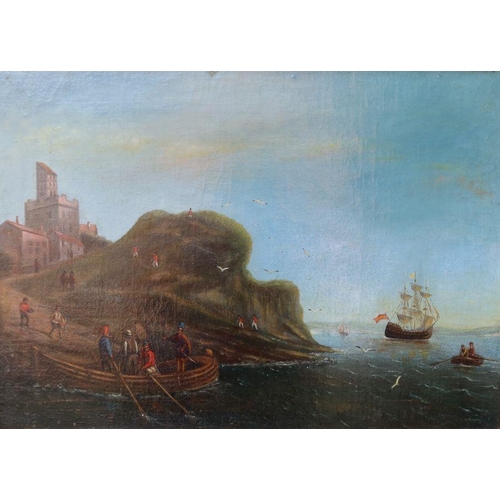 165 - A 19th century oil on canvas, coastal scene with masted sailing ship, figures in row boats and soldi... 