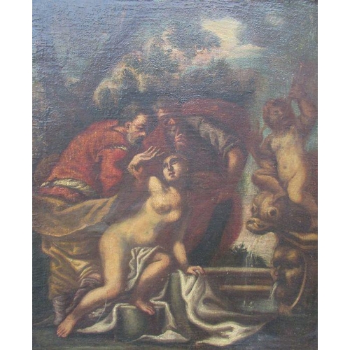 172 - An Antique style oil on canvas, Classical figures in landscape, 30ins x 25ins