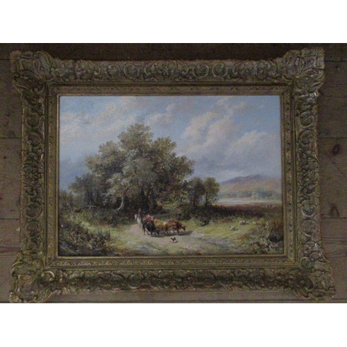 177 - A 19th century school,  oil on canvas, cattle being driven within a Welsh landscape, 12ins x 18ins