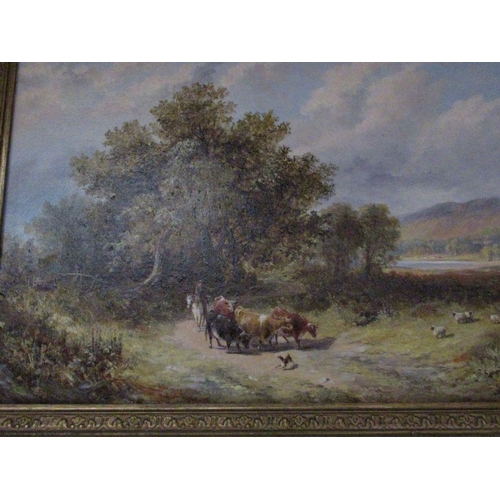 177 - A 19th century school,  oil on canvas, cattle being driven within a Welsh landscape, 12ins x 18ins