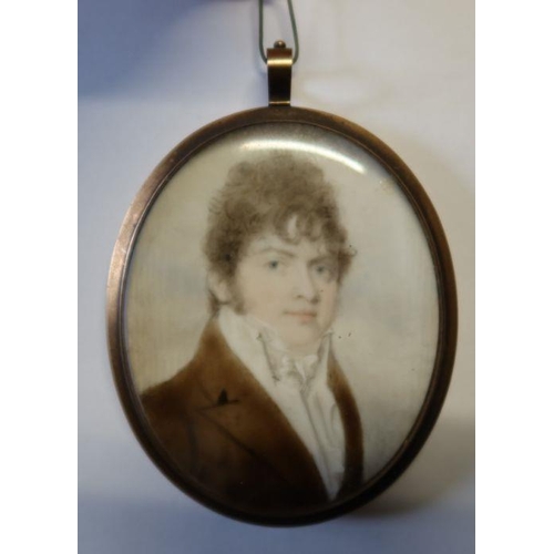 197 - A 19th century oval portrait miniature, painted on ivory, of a gentleman, maximum diameter 3ins
 Dec... 