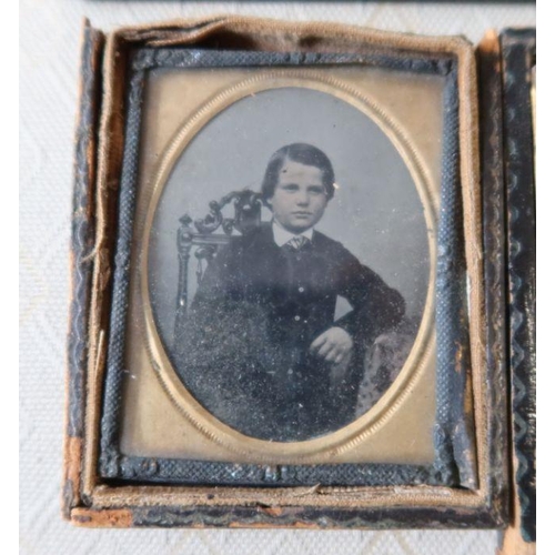 202 - Two Victorian daguerreotypes, a portrait of a child and another of three children in a trap pulled b... 