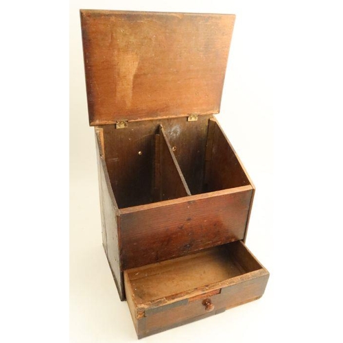 204 - An Antique oak box, the sloping lid open to reveal two compartments and a drawer below, width 12.5in... 