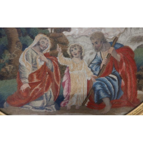 207 - A 19th century oval tapestry and watercolour picture, of three religious figures in landscape with a... 