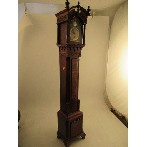 225 - A small sized model of an 18th century long cased clock with arched finial pediment and having reede... 