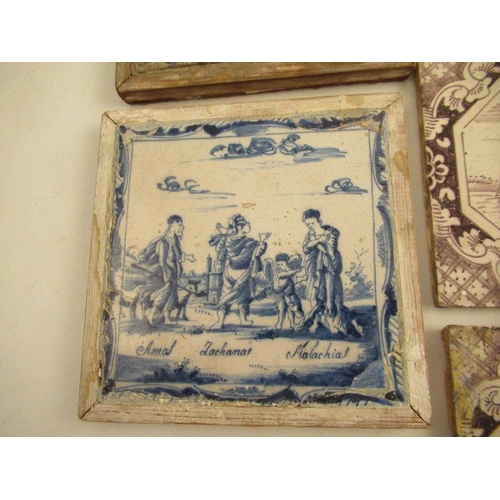 235 - 9 various tiles in magenta decorated with landscape scenes together with blue and white Delph tile a... 