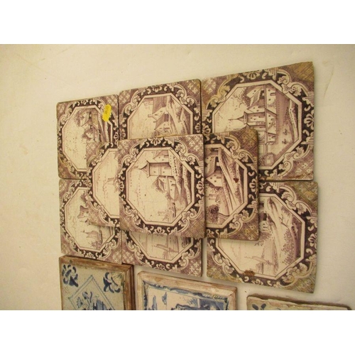 235 - 9 various tiles in magenta decorated with landscape scenes together with blue and white Delph tile a... 