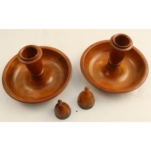 251 - An Antique turned olive wood Brighton Bun campaign candlestick, complete with snuffers