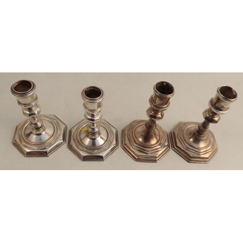 291 - Two pairs of silver plated candlesticks, on knopped stems, heights 6ins and 5ins