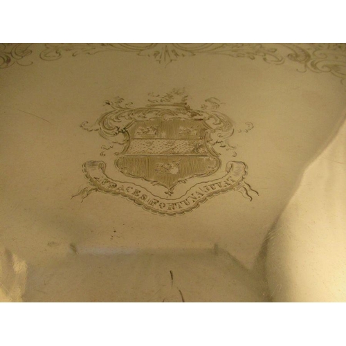 302 - An Irish Sheffield plated tray  with a central armorial of 3 boars heads with the moto 