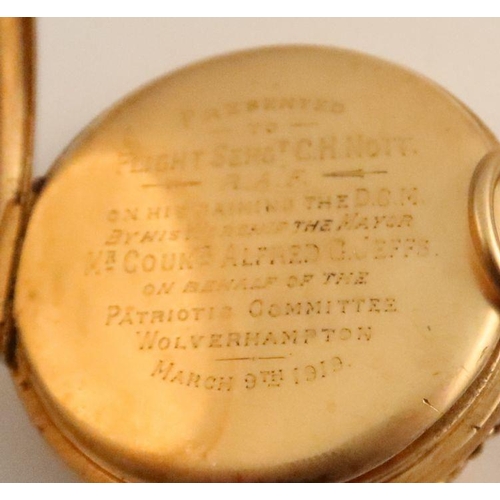 354 - A Dennison 9ct gold open face pocket watch, with presentation inscription to Flight Sergt. C.H Nott ... 