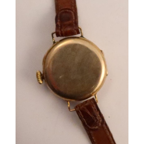 365 - A 9ct gold cased lady's wrist watch, with white enamel dial, Arabic numerals and subsidiary dial, no... 