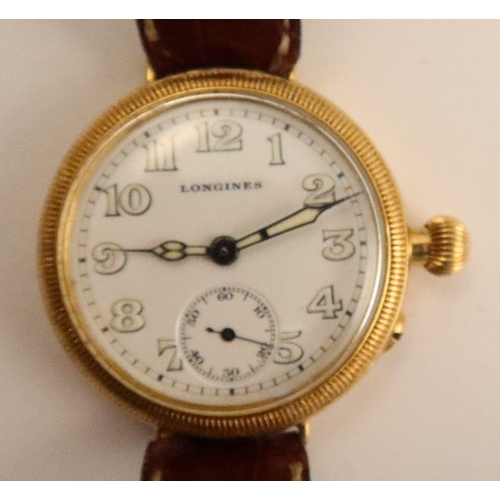 366 - An 18ct gold cased Longines wrist watch, with circular white enamel dial, Arabic numerals and subsid... 