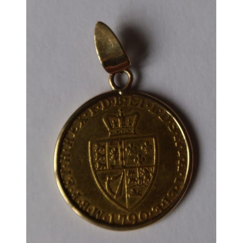 384 - A 1790 gold half spade guinea, in a pendant mount