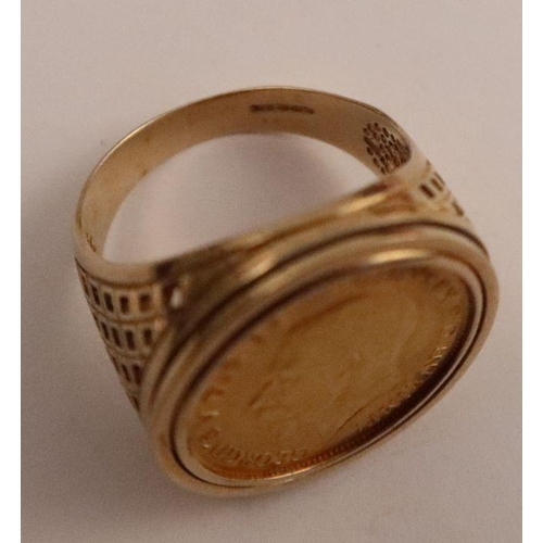 387 - A 9ct gold ring, set with a George V 1913 gold sovereign, with pierced trellis shoulders, hallmarked... 