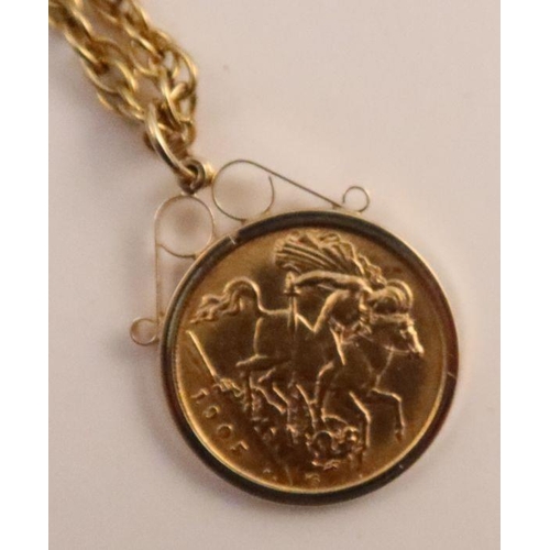 391 - An Edward VII half Sovereign, dated 1905, in a pendent mount, suspended on 9ct fancy link chain, gro... 