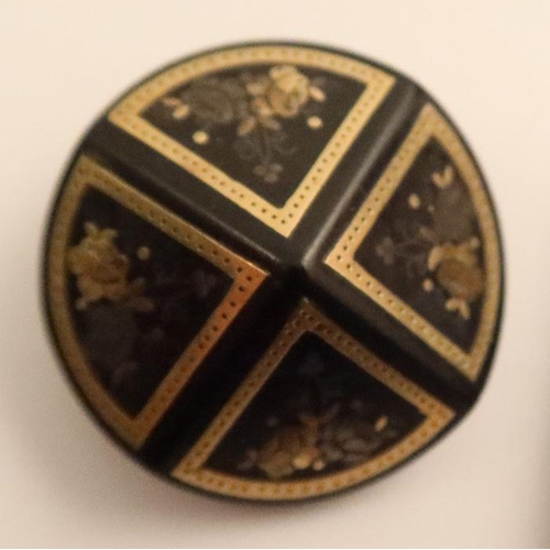 410 - A Victorian tortoiseshell pique work brooch, the gold and silver inlay in quarters (some damage to r... 