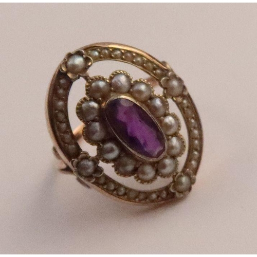 413 - A 9ct amethyst and pearl cluster ring, stamped 9 ct and bearing marks for Murrle Bennett & Co (conve... 