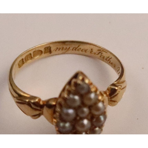 415 - A Victorian 18ct gold memorial ring, the marquise shape mount set with pearls between shaped shoulde... 