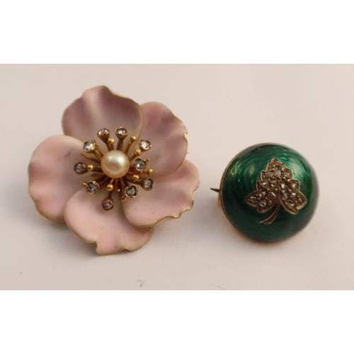 418 - A French pink enamel flower head brooch, set with a pearl and diamonds, together with a 19th century... 