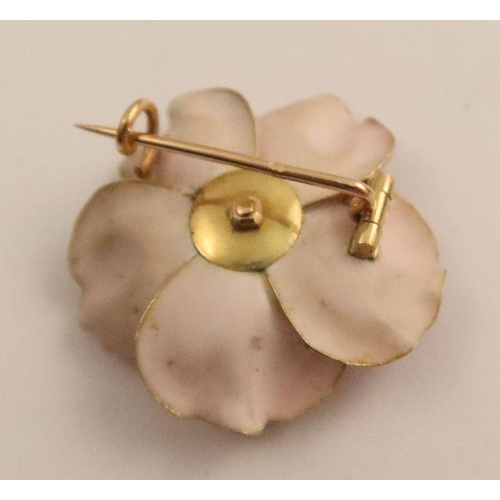 418 - A French pink enamel flower head brooch, set with a pearl and diamonds, together with a 19th century... 