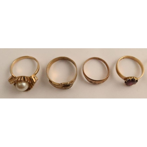 421 - Three 9ct gold rings, two set with stones, weight 9.1g, together with a 15ct gold ring, weight 2.6g,... 