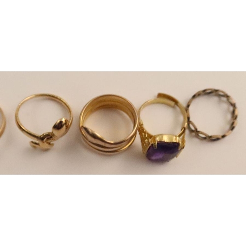 421 - Three 9ct gold rings, two set with stones, weight 9.1g, together with a 15ct gold ring, weight 2.6g,... 