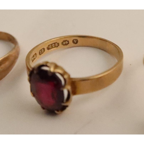 421 - Three 9ct gold rings, two set with stones, weight 9.1g, together with a 15ct gold ring, weight 2.6g,... 