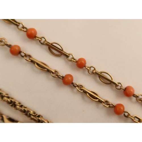 425 - A 9ct gold coral and fancy link necklace, weight 12.5g, together with three various 9ct gold chains,... 