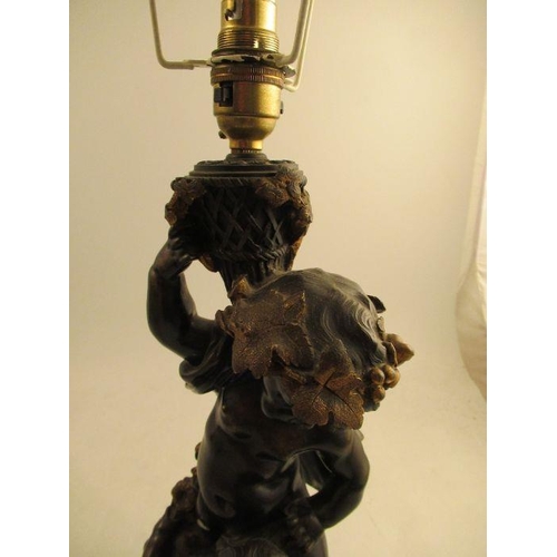 490 - A Bronze and gilt mounted table lamp formed as Putti holding a basket raised on a beaded marble base... 