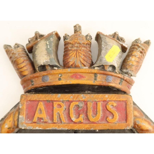 501 - HMS Argus, a painted metal ships badge, height 19ins -  scuffed and marked right hand corner of plaq... 