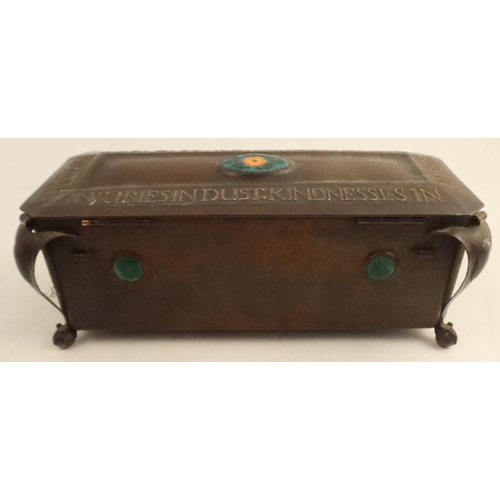 504 - An Arts and Craft copper box, of rectangular form, the top with oval enamel panel of a flower and le... 