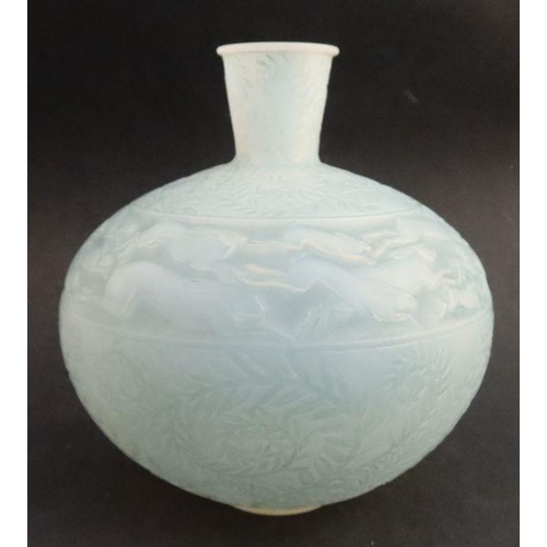 511 - Rene Lalique, an opalescent Lievres vase, decorated with a band of running hares, height 6.5ins