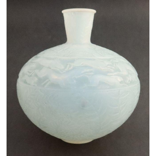 511 - Rene Lalique, an opalescent Lievres vase, decorated with a band of running hares, height 6.5ins