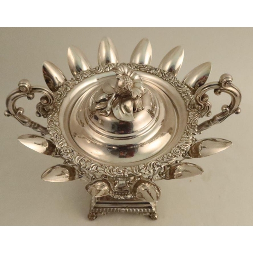 513 - A French silver and glass confiturier, raised on a covered pedestal, having two handles and fitted w... 