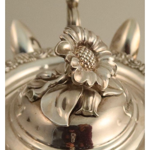 513 - A French silver and glass confiturier, raised on a covered pedestal, having two handles and fitted w... 