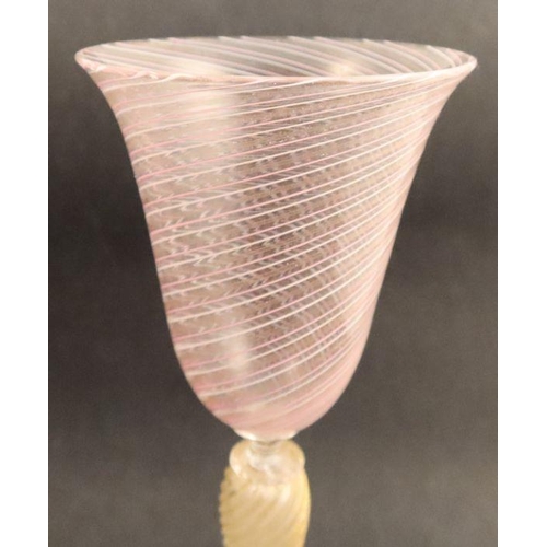 517 - A pair of Venetian glass wine glasses, with pink and white stripe bowl and yellow twist stem, height... 