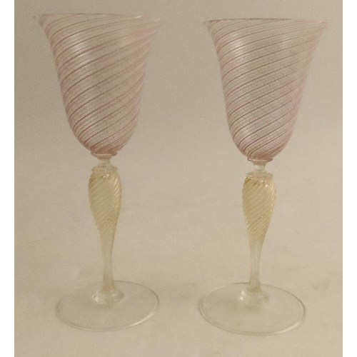 517 - A pair of Venetian glass wine glasses, with pink and white stripe bowl and yellow twist stem, height... 